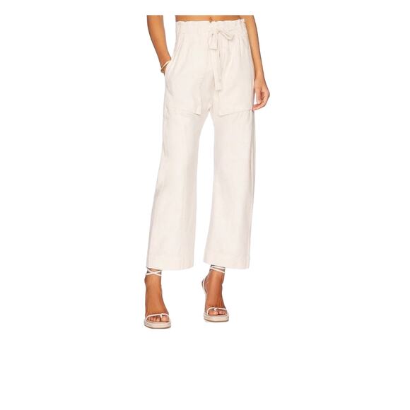 FREE PEOPLE NWT Large Sky Rider Linen Ecru Pants High Rise Paper bag Waist #781 - Picture 3 of 11
